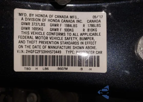 2017 Honda Civic Lx z USA, uszkodzony, nr VIN 2HGFC2F53HH573449